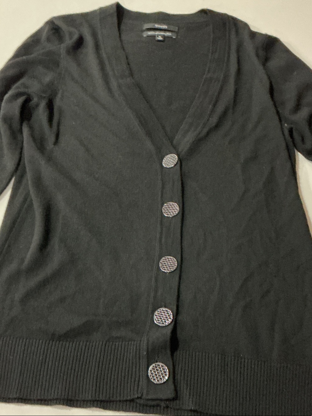 Tahari Black V-Neck Button Front Cardigan with Decorative Buttons